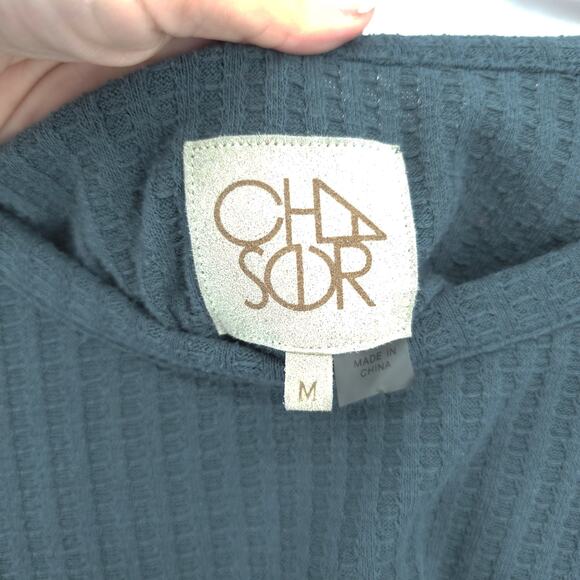 Chaser Essential Waffle Knit Medium Teal Long Sleeve Wide Button Cuff Pullover - Picture 5 of 9